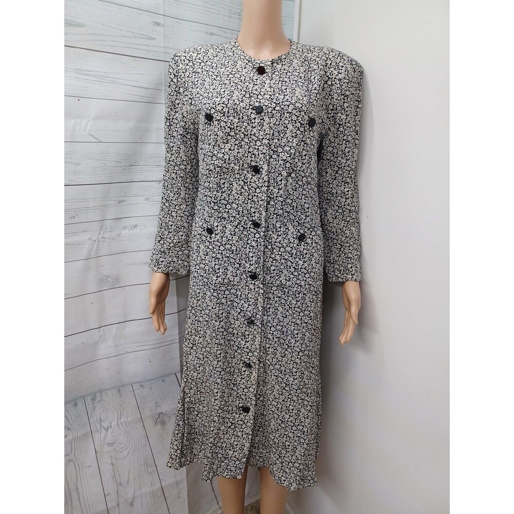 Vtg Albert Nipon White Black 100% Silk Dress Floral 4 Pockets Sz 8